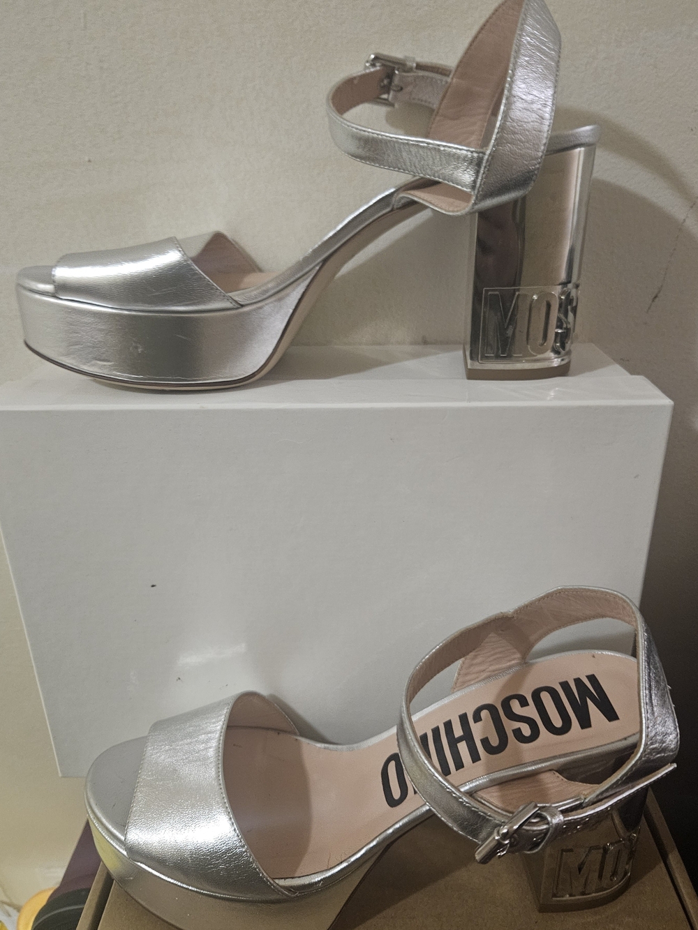 Moschino Silver Metallic Platform Block Heel Sandals with Logo Heel Size 40